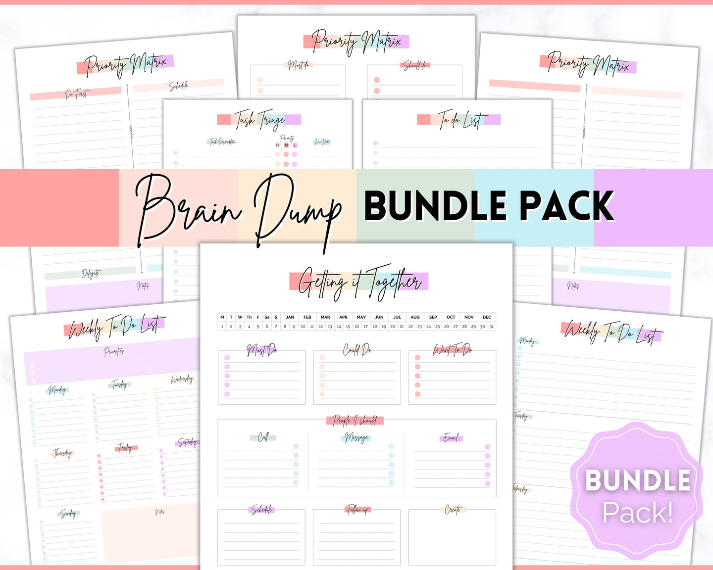 EDITABLE Brain Dump Template BUNDLE | To Do List Printable, ADHD Work Productivity Planner | Pastel Rainbow