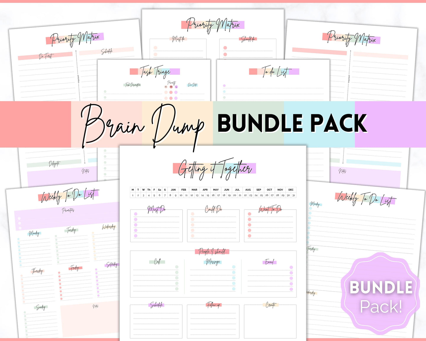 EDITABLE Brain Dump Template BUNDLE | To Do List Printable, ADHD Work Productivity Planner | Pastel Rainbow