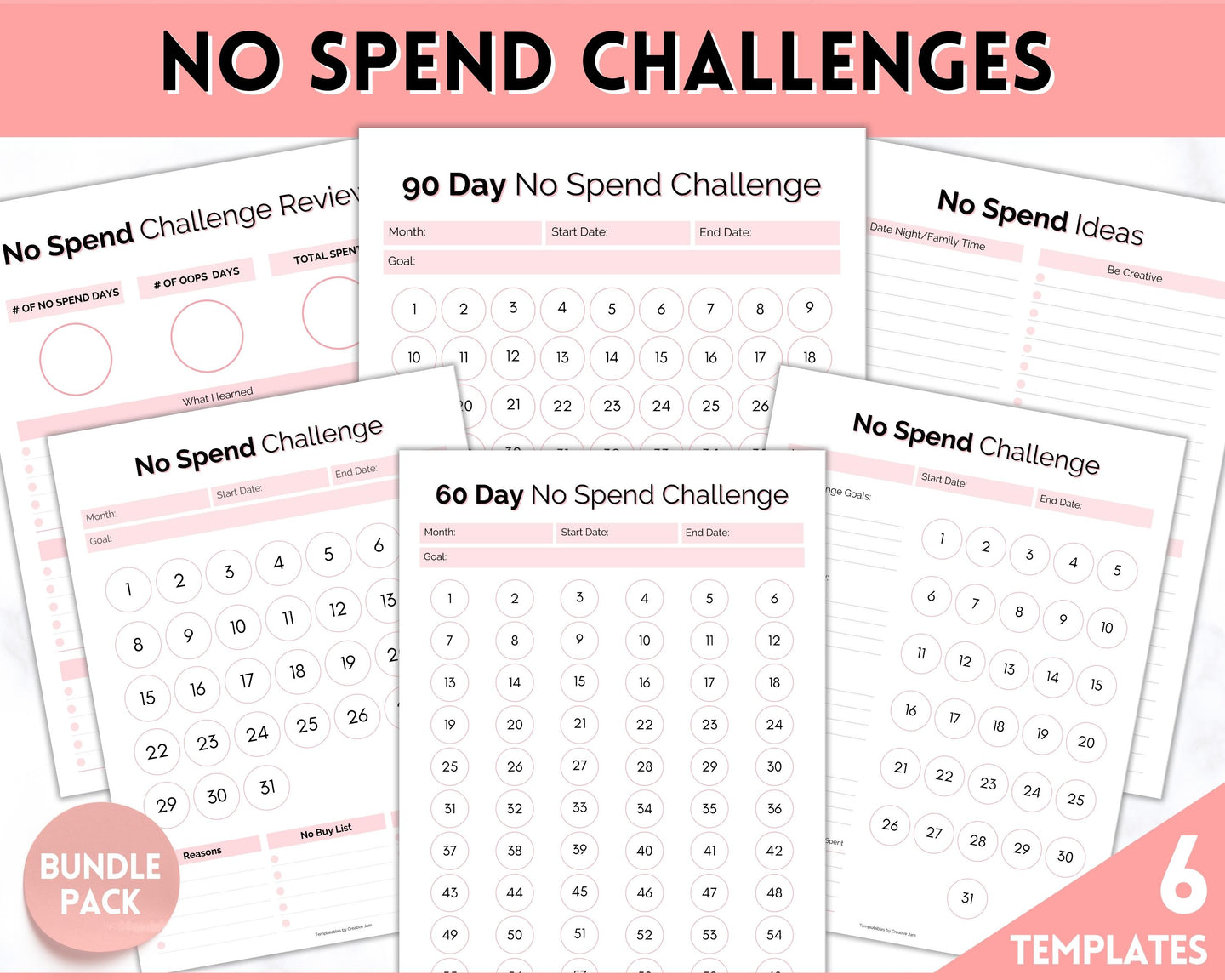 No Spend Challenge BUNDLE | Printable 30 day, 60 day, 90 day Savings Challenge & Monthly Spending Tracker | Pink