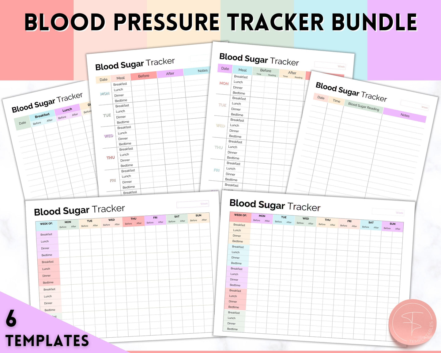 Blood Sugar Tracker | BUNDLE of 6 Blood Sugar Logs, Glucose Tracker, Diabetes Log, Medical Planner Printable, Type 2, Gestational Diabetes