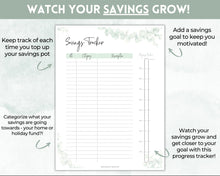 Load image into Gallery viewer, Savings Tracker BUNDLE | Income, Expenses, Savings &amp; Bill Tracker Printables, Personal Finance Planner Binder | Green Eucalyptus
