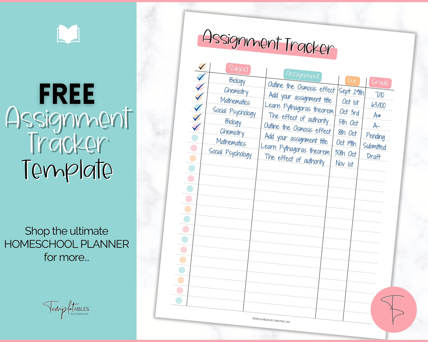 FREE - Assignment Tracker Printable for Students, Academic Homework Planner, Study, College, Homeschool Template | Colorful Sky