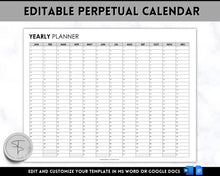 Load image into Gallery viewer, EDITABLE Perpetual Calendar | Undated Year at a Glance Reusable Calendar, Year Overview on One Page, Annual 12 Month Planner | Mono
