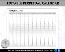 Load image into Gallery viewer, EDITABLE Perpetual Calendar | Undated Year at a Glance Reusable Calendar, Year Overview on One Page, Annual 12 Month Planner | Mono
