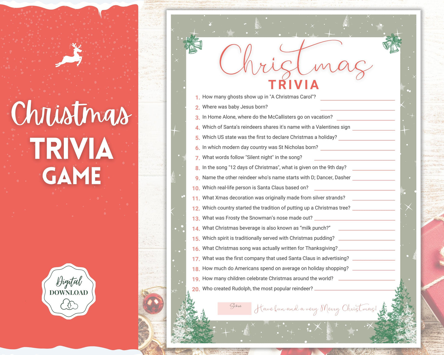 Christmas TRIVIA Game | Holiday Xmas Party Game Printables for the Family | Green
