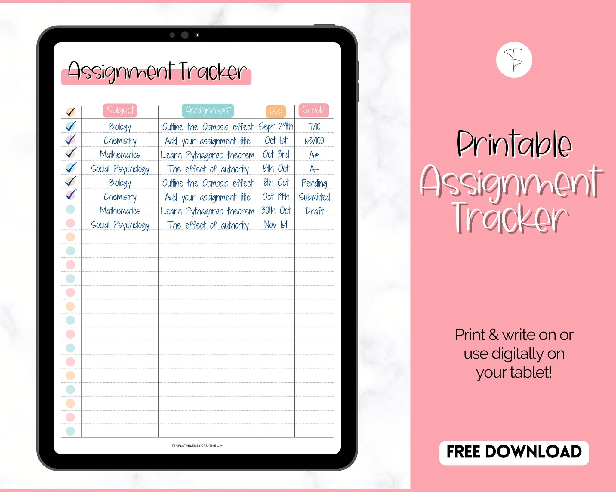 FREE - Assignment Tracker Printable for Students - Colorful