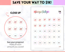 Load image into Gallery viewer, 1000 Savings Challenge, 1k Saving Tracker Printable | 30 day, Cash Envelopes to Save Money &amp; Budget | Pastel Rainbow
