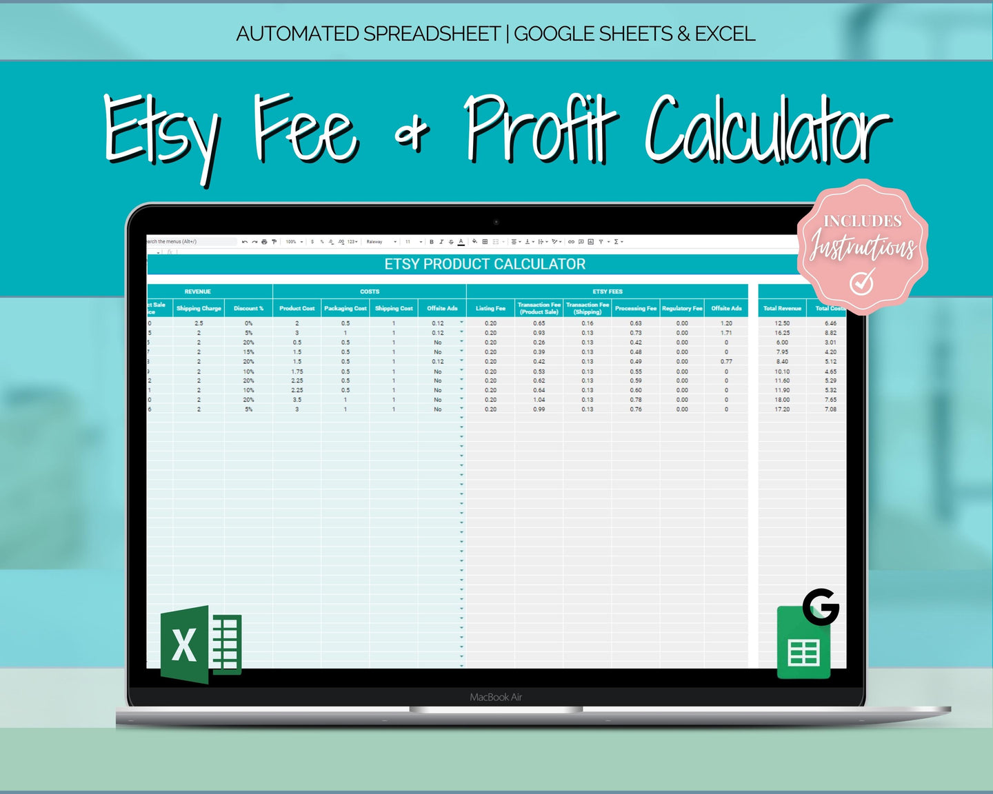 Etsy Fee and Profit Calculator | Pricing Spreadsheet for Small Business & Etsy Sellers | Teal