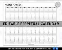 Load image into Gallery viewer, EDITABLE Perpetual Calendar | Undated Year at a Glance Reusable Calendar, Year Overview on One Page, Annual 12 Month Planner | Mono
