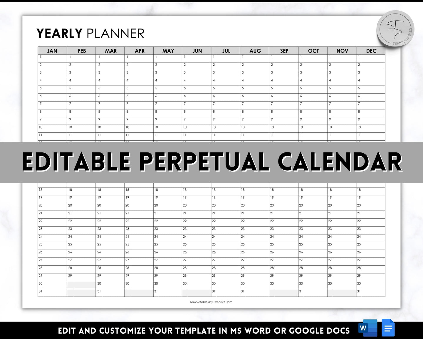 EDITABLE Perpetual Calendar | Undated Year at a Glance Reusable Calendar, Year Overview on One Page, Annual 12 Month Planner | Mono