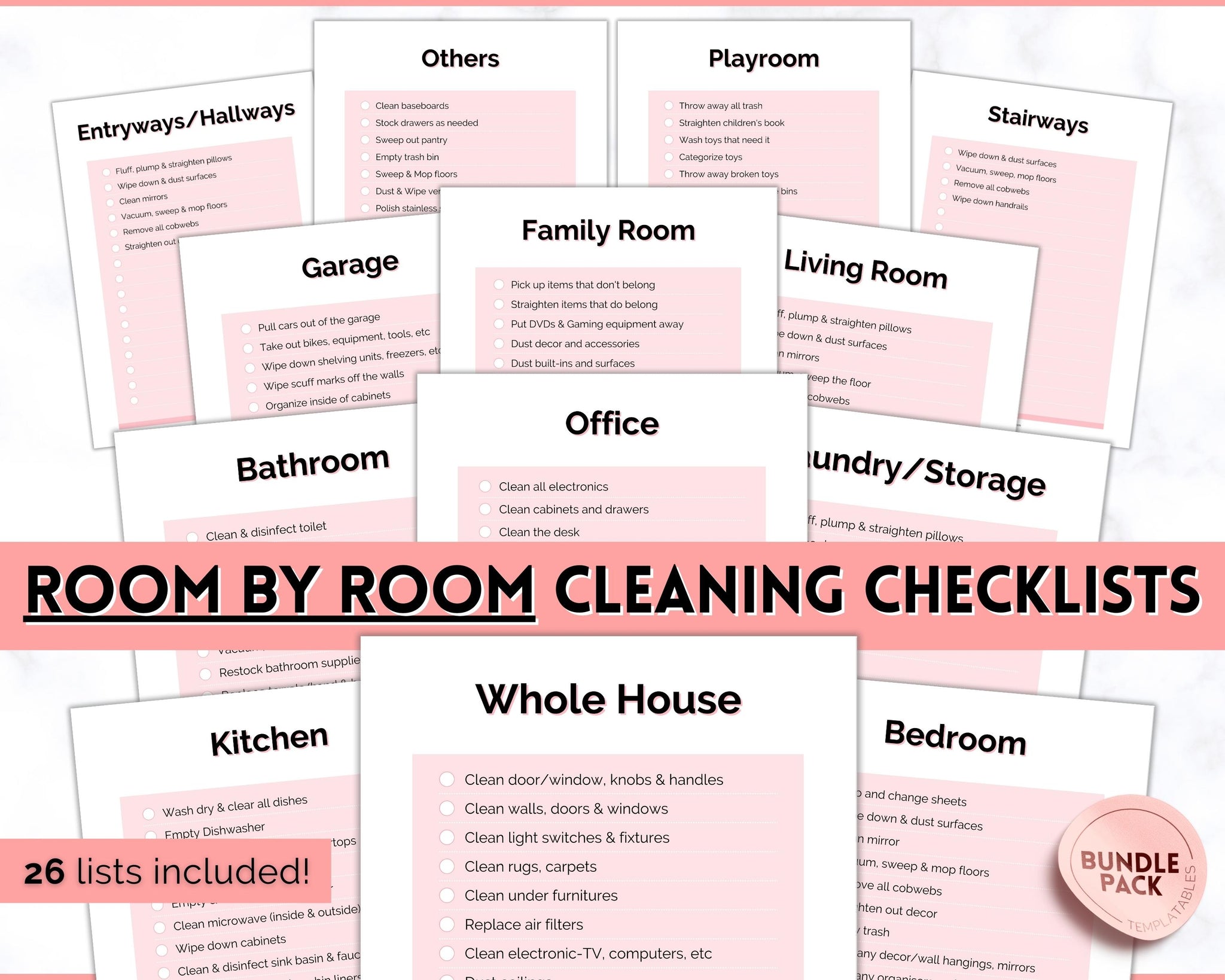 Cleaning Checklist, Printable Room by room Cleaning Cards Pink