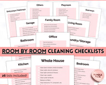 Load image into Gallery viewer, Cleaning Checklist, Printable Room by room Cleaning Cards | Family &amp; Kids Cleaning Schedule Planner &amp; Tracker | Pink
