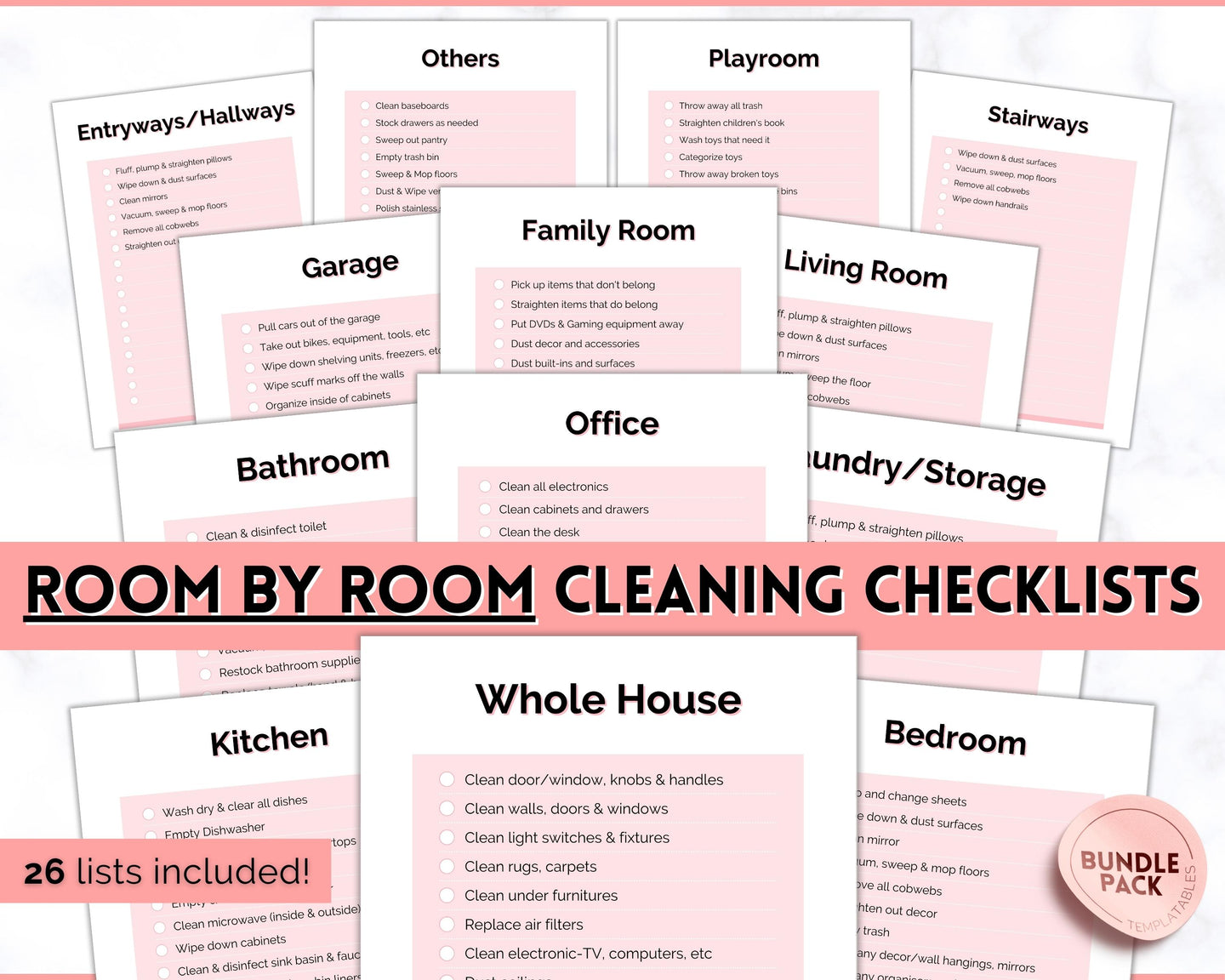 Cleaning Checklist, Printable Room by room Cleaning Cards | Family & Kids Cleaning Schedule Planner & Tracker | Pink