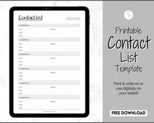 Load image into Gallery viewer, FREE - Contact List Printable Template, Address Book, Contact Log | Mono
