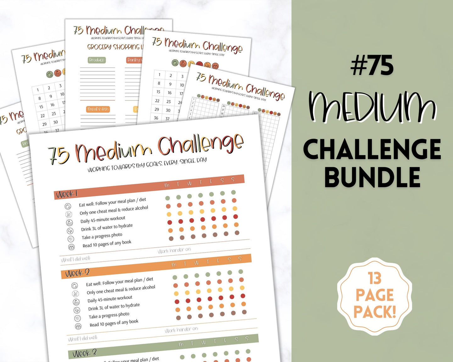 EDITABLE 75 MEDIUM Challenge Tracker | 75medium Printable Challenge, Fitness & Health Planner | Fall