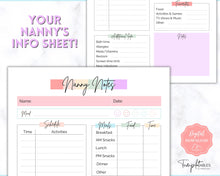 Load image into Gallery viewer, Nanny Schedule, Notes &amp; Report Template for Baby | Babysitter Info Hiring Guide, Nanny Checklist &amp; Planner, Baby Daily Log | Pastel Rainbow
