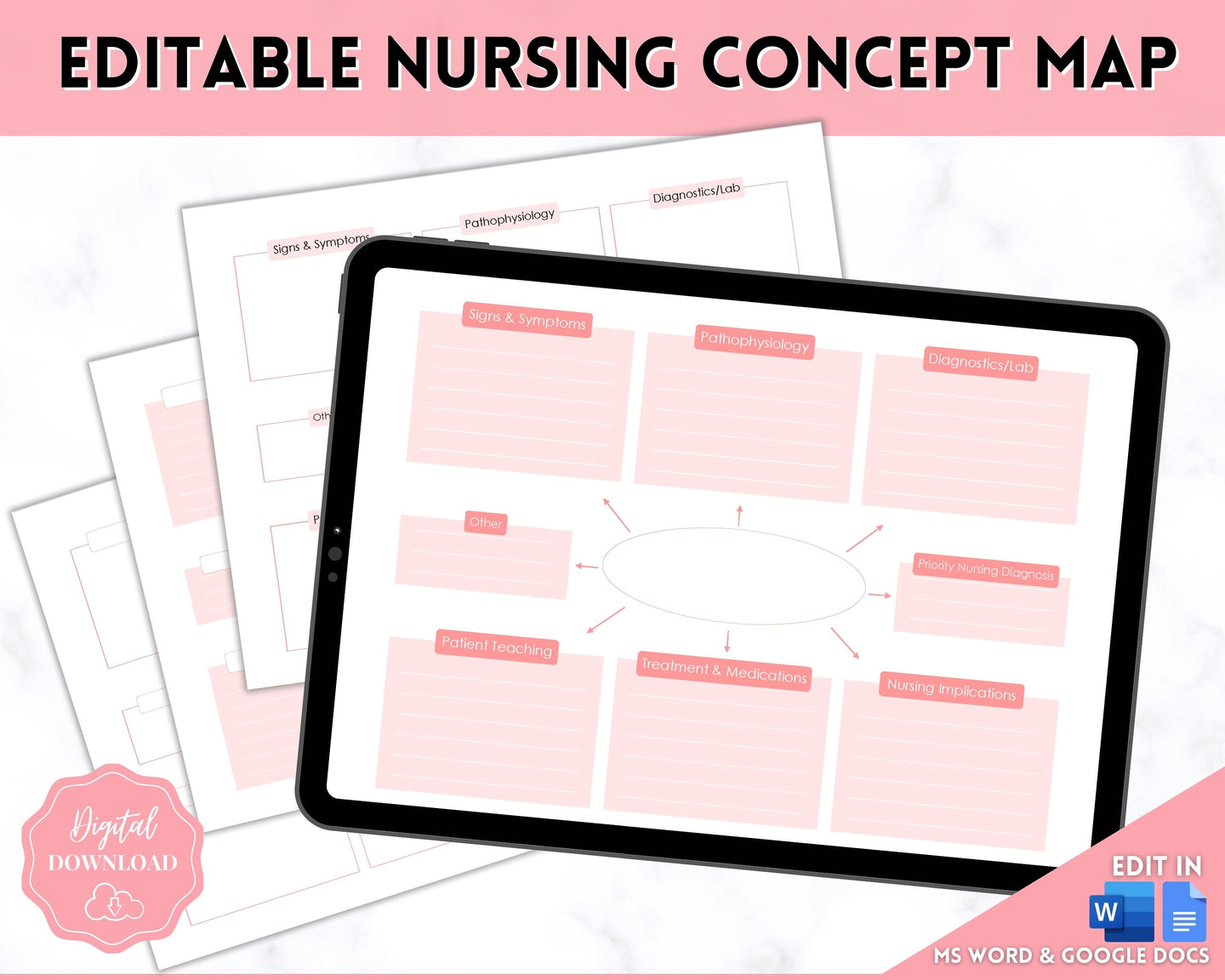 EDITABLE Nursing Concept Map Template | Nursing School Notes, Study Guide & Student Nurse Pharmacology & Med Surg Planner | Pink & Mono
