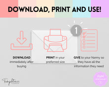 Load image into Gallery viewer, Nanny Schedule, Notes &amp; Report Template for Baby | Babysitter Info Hiring Guide, Nanny Checklist &amp; Planner, Baby Daily Log | Pastel Rainbow
