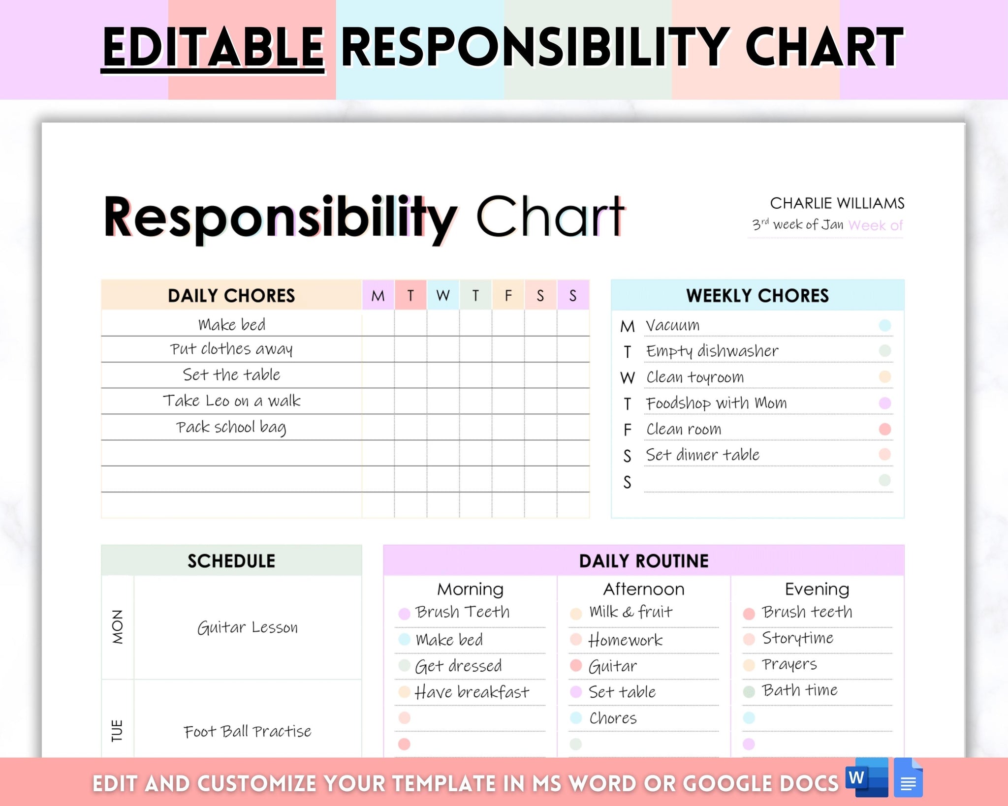 Weekly kids chore chart editable, Responsibility chart, Rewa - Inspire  Uplift