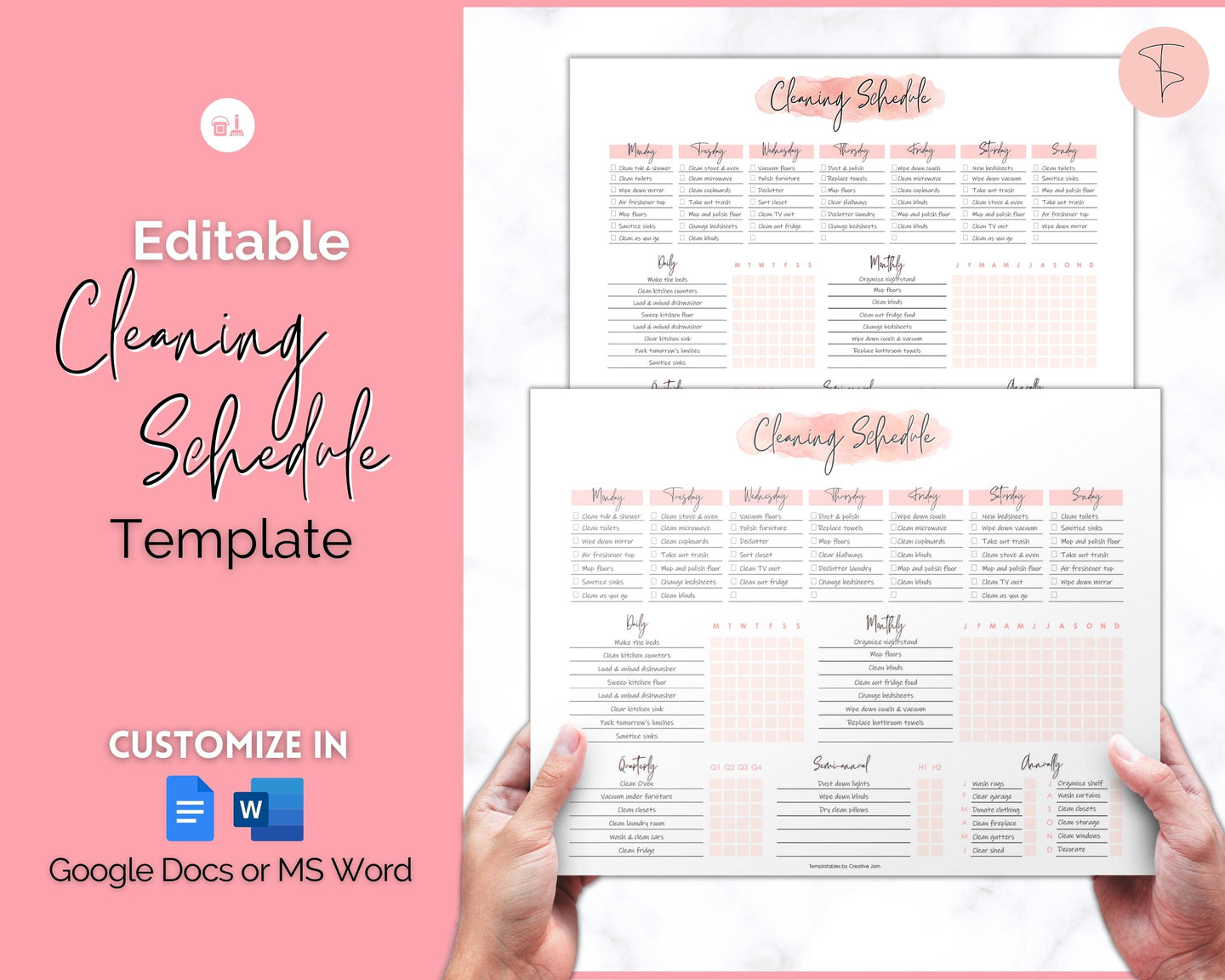 Editable Cleaning Schedule & Housekeeping Checklist for House Chores | Pink Watercolor Bundle
