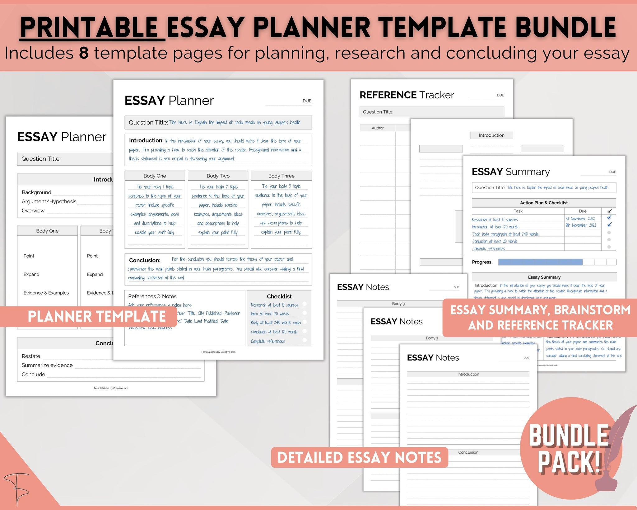 Essay Assignment Pattern Video Essay Planner Printable BUNDLE for Students | College Writing Template