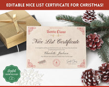 Load image into Gallery viewer, EDITABLE Christmas Nice List Certificate | Santa Clause Printable Certificate Template for Xmas
