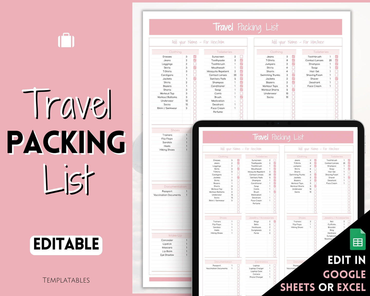 Travel Packing List Template | EDITABLE Google Sheets Packing Checklist for Vacation, Holidays and Cruises