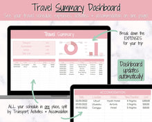 Load image into Gallery viewer, Digital Ultimate Travel Planner | Google Sheets Editable Travel Spreadsheet, Trip Expense Tracker, Packing List, Vacation Schedule | Pink
