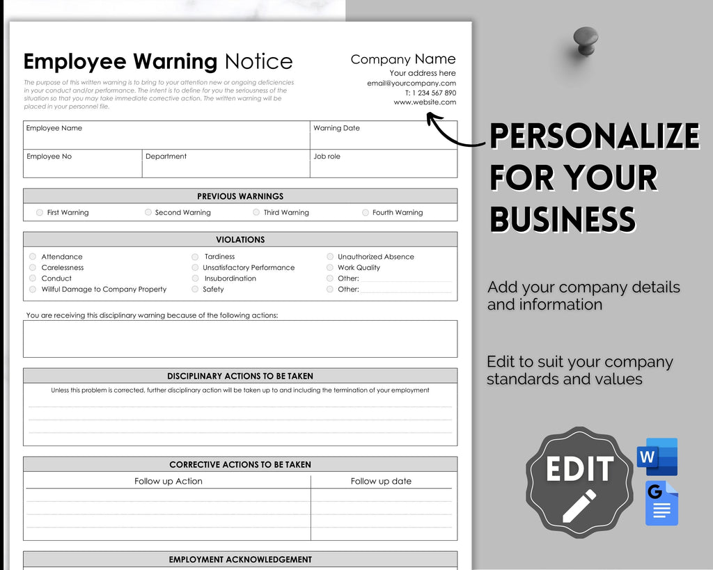Disciplinary Warning Form Example Employee Disciplinary Form | EDITABLE Employee Warning Notice
