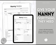 Load image into Gallery viewer, Nanny Schedule, Notes &amp; Report Template for Baby | Babysitter Info Hiring Guide, Nanny Checklist &amp; Planner, Baby Daily Log | Mono
