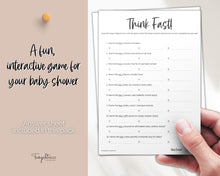 Load image into Gallery viewer, Think Fast Baby Shower Game Printable | Trivia Activity for Woodland, Boho, Neutral Theme Baby Showers
