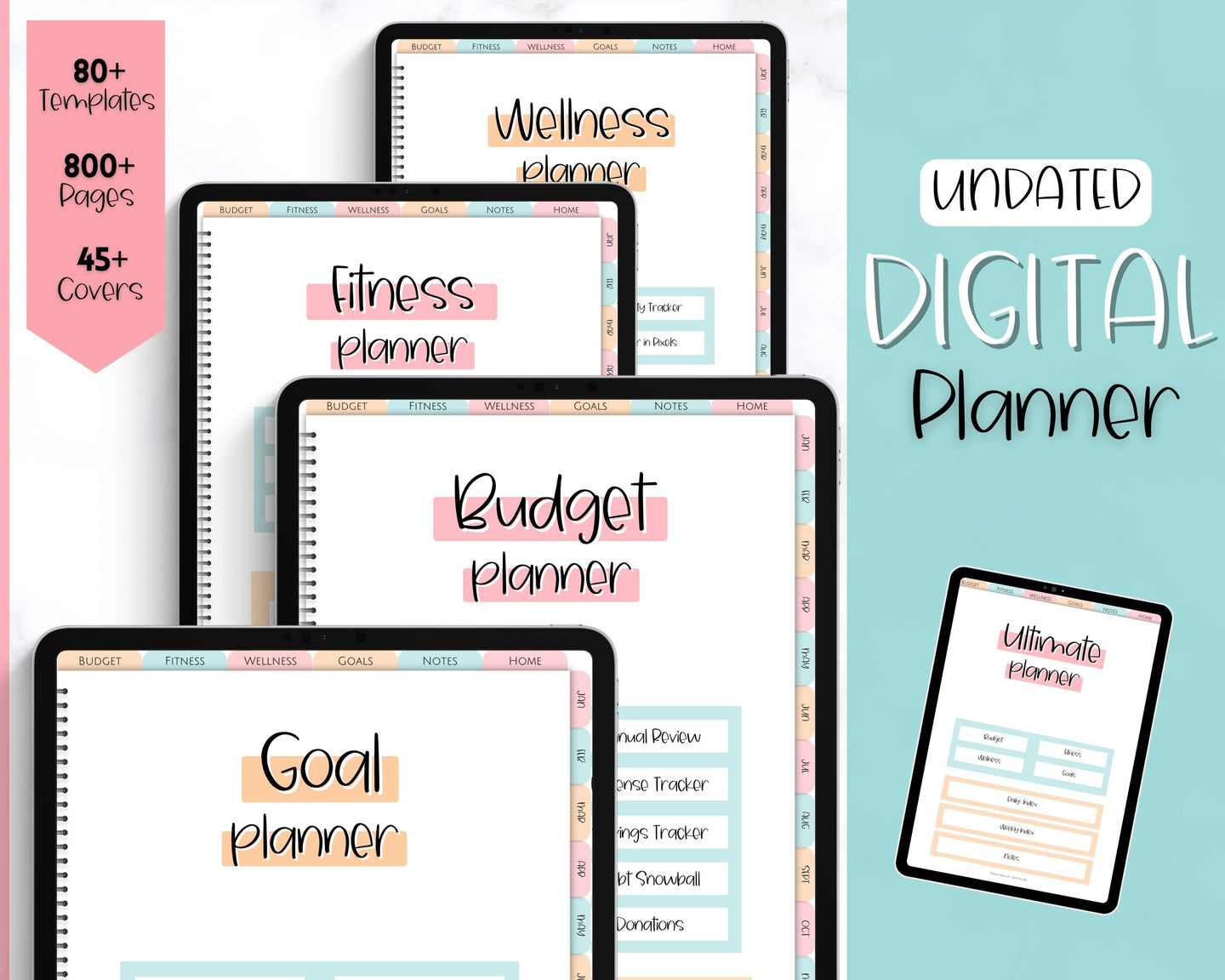 UNDATED Ultimate Digital Life Planner | GoodNotes Digital iPad Fitness, Budget, Wellness, Goals Planner | Colorful Sky
