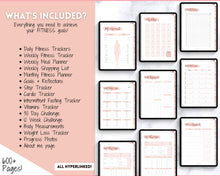 Load image into Gallery viewer, UNDATED Digital Fitness planner | iPad GoodNotes Fitness Journal, Weight Loss Tracker, &amp; Workout Planner | Pink Watercolor
