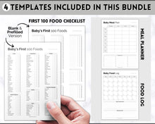 Load image into Gallery viewer, Baby Food Tracker Printable BUNDLE | Baby’s First Foods Meal Planner &amp; Daily Food Diary, 100 Foods Before 1 | Mono
