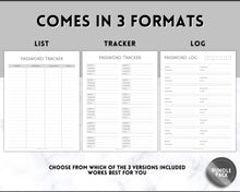 Load image into Gallery viewer, Password Tracker BUNDLE | 3 Printable Password Log &amp; Organizers, Password Keeper, Password Manager | Mono
