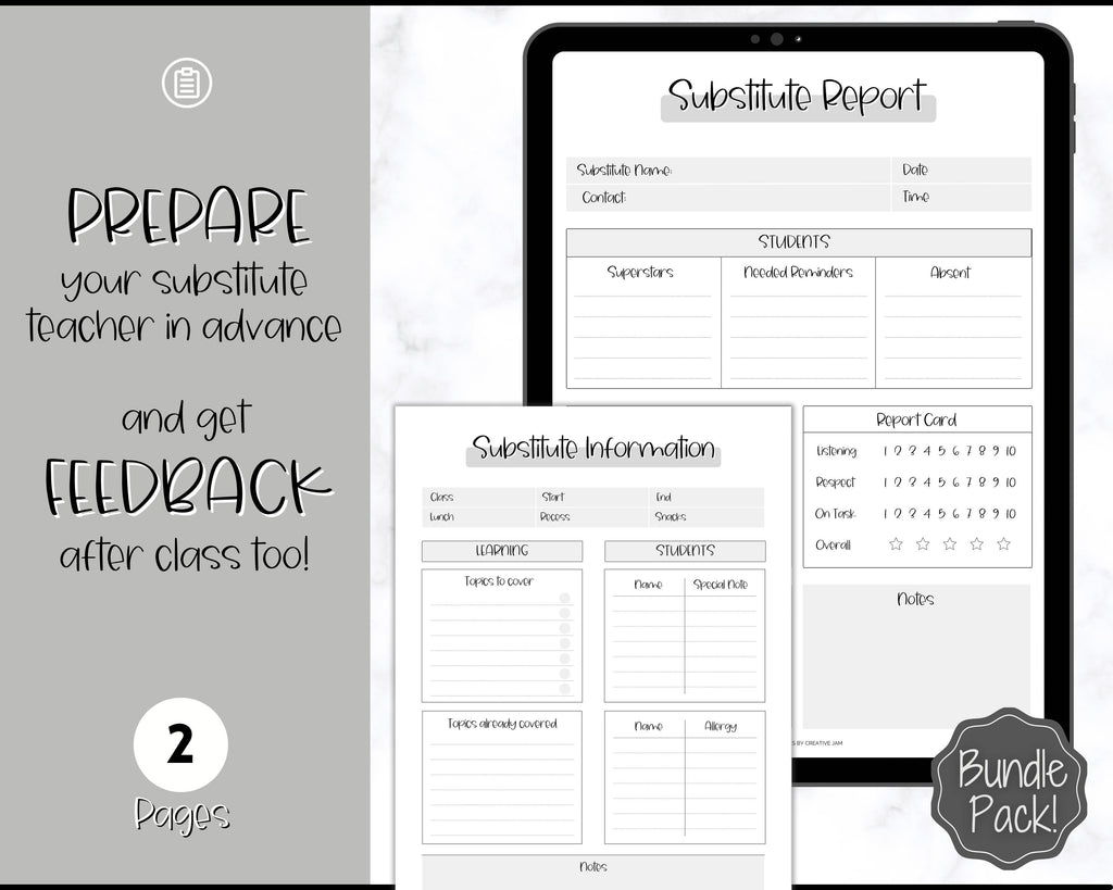 Substitute Teacher Printable Template Teacher Note Lesson Planner