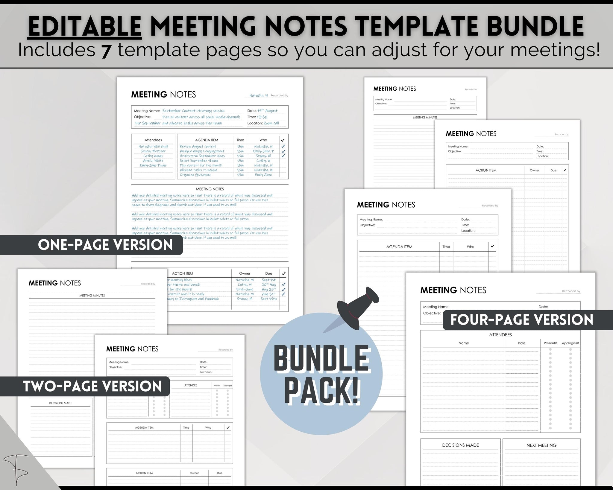 Meeting Notes Template - Editable Minutes, Agenda, Note Taking