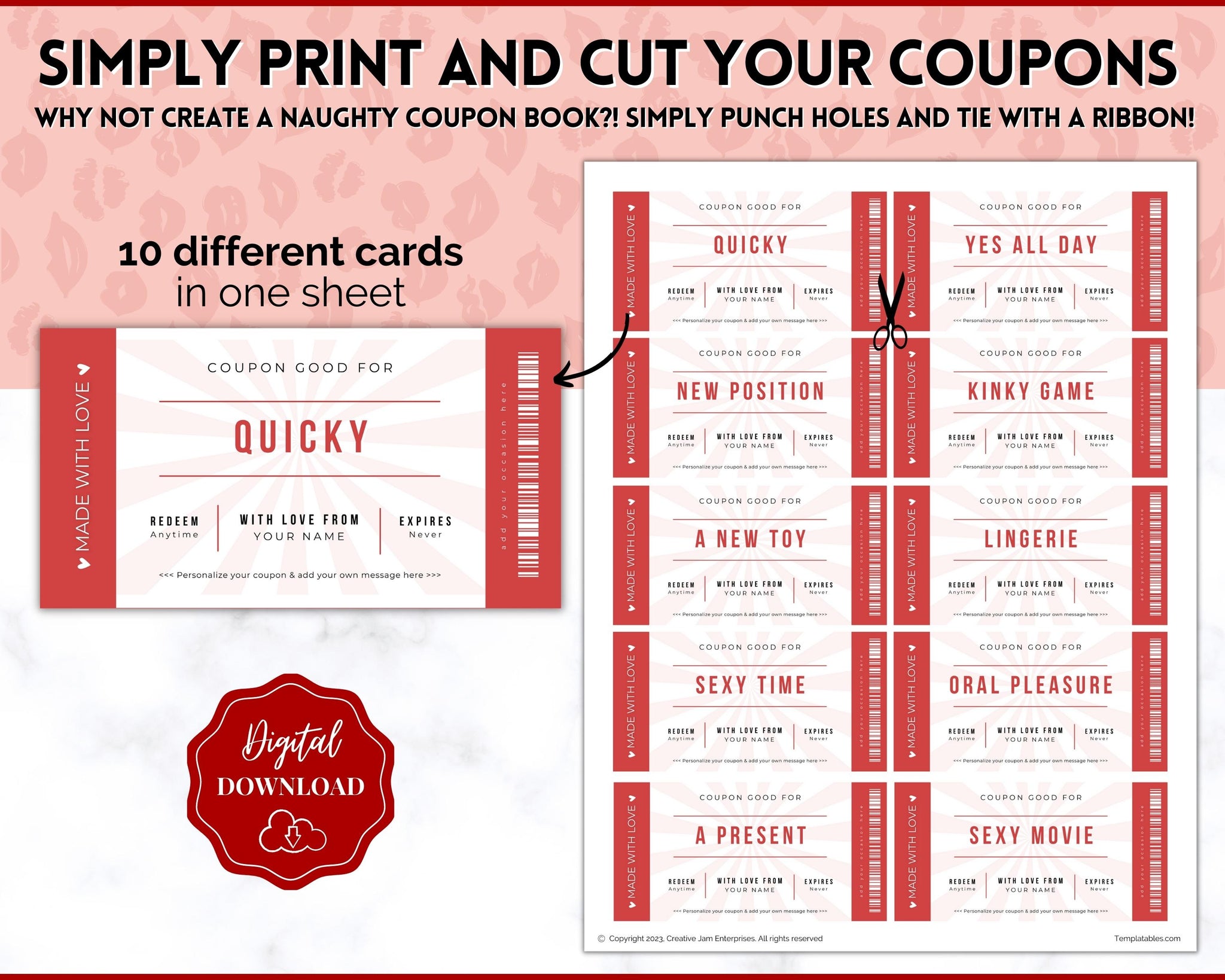 Naughty Sex Coupons for Valentines | Sexy Couples Coupon Book for Him & Her  | Personalized Kinky Valentines, Birthday, Anniversary Gifts | Red