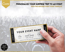 Load image into Gallery viewer, EDITABLE Event Ticket Gift Template | DIY Templates for Concerts, Theatre Shows, Surprise Gifts &amp; Special Occassions | Gold
