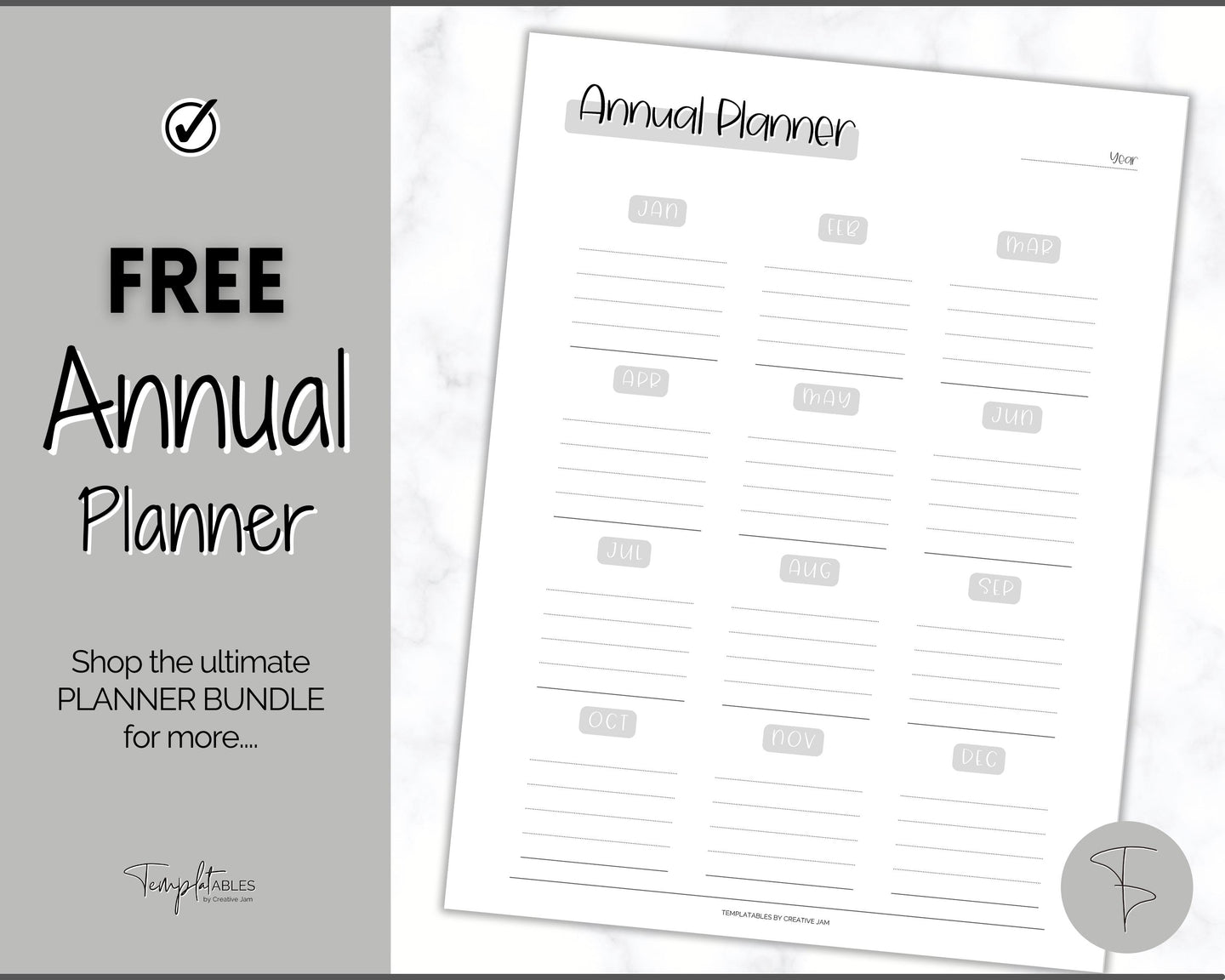 FREE - Annual Planner Printable, Annual Calendar, To Do List Printable, Undated Schedule, Productivity Template | Mono