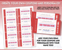 Load image into Gallery viewer, Editable Love Coupon Book for Valentines | Printable DIY Coupon Book for Him and Her | Personalized Valentines, Anniversary, Birthday Gift | Red
