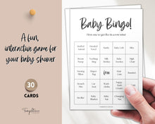 Load image into Gallery viewer, Baby Bingo Cards, 30 Prefilled Baby Shower Game Printables | Trivia Activity for Woodland, Boho, Neutral Theme Baby Showers
