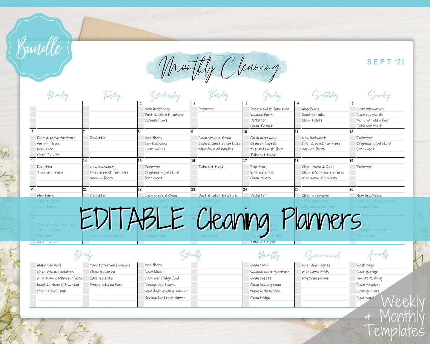 EDITABLE Cleaning Planner, Cleaning Checklist & Cleaning Schedule | Weekly House Chores, Clean Home Routine, Monthly Cleaning List | Blue