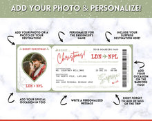 Load image into Gallery viewer, EDITABLE Christmas Boarding Ticket Template | Surprise Xmas Boarding Pass, Fake Plane Ticket Printable Template | Green
