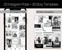 Load image into Gallery viewer, 50 Podcast Instagram Templates. Canva Template Pack. Instagram Square Posts &amp; Stories, Story, Podcasters Podcasting Social Media BUNDLE | Mono

