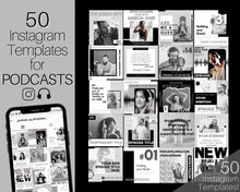 Load image into Gallery viewer, 50 Podcast Instagram Templates. Canva Template Pack. Instagram Square Posts &amp; Stories, Story, Podcasters Podcasting Social Media BUNDLE | Mono
