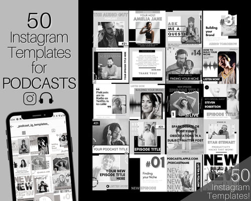 50 Podcast Instagram Templates. Canva Template Pack. Instagram Square Posts & Stories, Story, Podcasters Podcasting Social Media BUNDLE | Mono