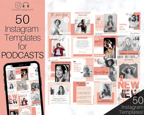 50 Podcast Instagram Templates. Canva Template Pack. Instagram Square Posts & Stories, Story, Podcasters Podcasting Social Media BUNDLE | Pink