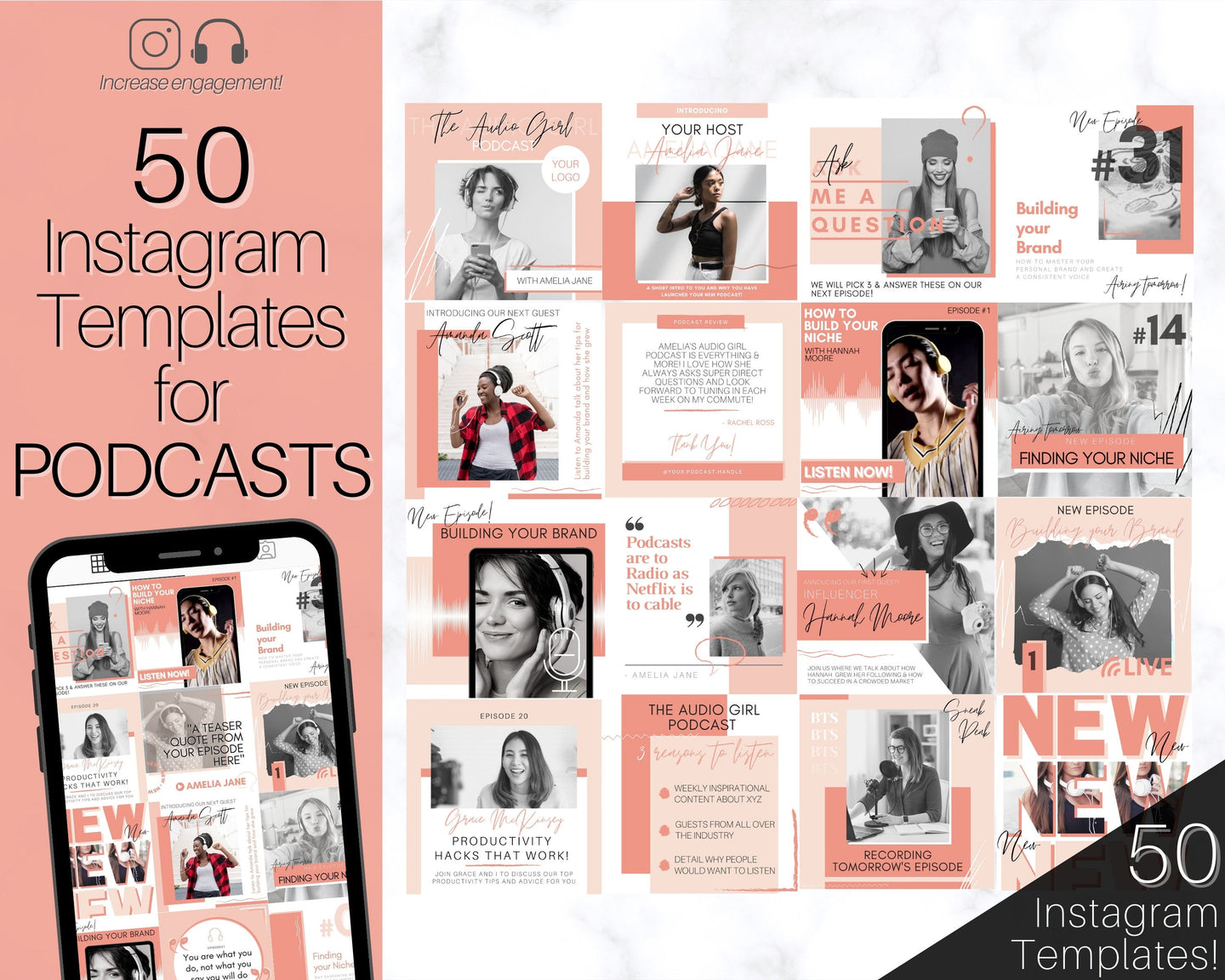 50 Podcast Instagram Templates. Canva Template Pack. Instagram Square Posts & Stories, Story, Podcasters Podcasting Social Media BUNDLE | Pink
