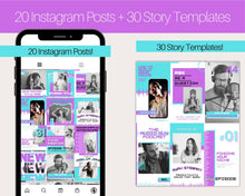 Load image into Gallery viewer, 50 Podcast Instagram Templates. Canva Template Pack. Instagram Square Posts &amp; Stories, Story, Podcasters Podcasting Social Media BUNDLE | Purple
